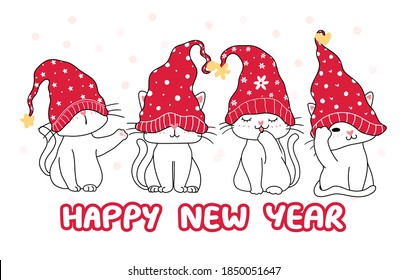 cute happy funny white four kitten cat in red Christmas hat, cartoon vector hand drawing, Happy new year, merry christmas, for greeting card, banner, print