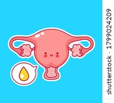 Cute happy funny woman uterus organ and urina drop in speech bubble . Vector flat line cartoon kawaii character illustration icon design