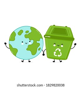 Cute happy garbage container and Earth planet. Vector flat line cartoon kawaii character illustration icon. Isolated on white background. Recycle, trash bin, eco friendly concept