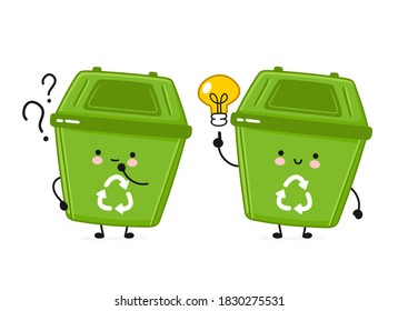 Cute happy garbage container with question mark and idea lightbulb. Vector flat line cartoon kawaii character illustration icon. Isolated on white background. Recycle, trash bin concept