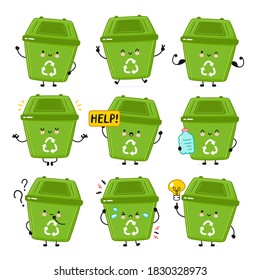 Cute happy garbage container set collection. Vector flat line cartoon kawaii character illustration icon. Isolated on white background. Recycle, trash bin concept