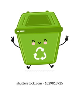 Cute happy garbage container. Vector flat line cartoon kawaii character illustration icon. Isolated on white background. Recycle, trash bin concept