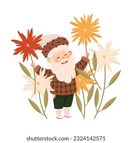 Cute happy garden bearded gnome with flowers. Joyful fairy tale dwarf elf character cartoon vector illustration
