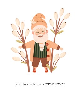 Cute happy garden bearded gnome. Joyful fairy tale dwarf elf character in pointed hat cartoon vector illustration