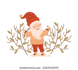 Cute happy garden gnome. Smiling fairy tale dwarf elf character cartoon vector illustration