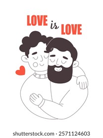 Cute happy gay couple hugging. Love is Love. Happy Valentines Day. LGBT, Pride community. Vector doodle illustration, hand drawn design