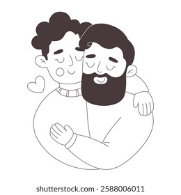 Cute happy gay couple hugging. Love is Love. Happy Valentines Day. LGBT, Pride community. Vector doodle illustration, hand drawn design