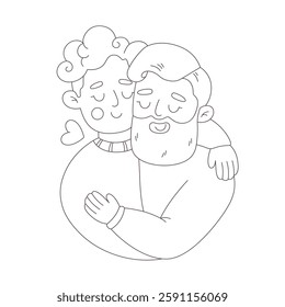 Cute happy gay couple hugging. Coloring page. Love is Love. Happy Valentines Day. LGBT, Pride community. Vector doodle illustration, hand drawn design