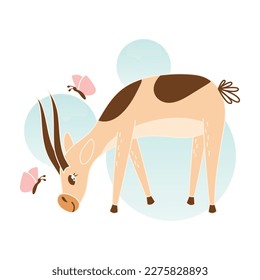 Cute happy gazelle or antelope is grazing. Cartoon animal playing with butterflies. Flat illustration with simple pastel background for nursery poster design. Print for decorating a baby girl's room.