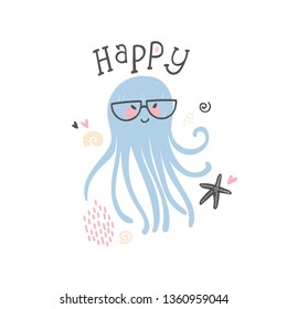 Cute happy geek blue squid wearing half round glasses. Sea marine life. Childish vector illustration