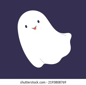 Cute happy ghost floating. Halloween boo character, funny baby phantom with tongue out. Fun spook, spirit with positive smiling expression, emotion. Isolated childish flat vector illustration