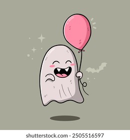 Cute Happy Ghost Holding Balloon Illustration Cartoon Vector