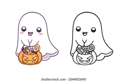 Cute happy ghost holding a pumpkin bucket filled with candy colored and outline doodle cartoon illustration set. Halloween, trick or treat coloring book page activity for kids and adults.	