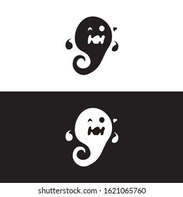 Cute Happy Ghost Logo, Icon, Mascot, Illustration. Black, White Isolated. Design Graphic Vector EPS10.