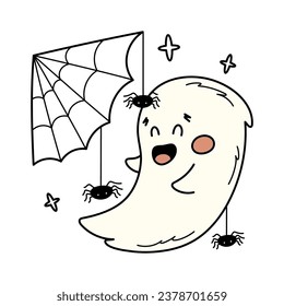 Cute happy ghost playing with spiders. Spooky Halloween hand drawn illustration. Clipart for greeting cards, stickers and party decorations.