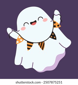 Cute happy ghost showing garland flat color vector illustration. Joyful little spirit with Halloween ornament character on purple background