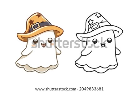 Cute happy ghost wearing witch hat colored and outline doodle cartoon illustration set. Halloween, trick or treat coloring book page activity for kids and adults.	