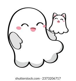 Cute happy ghosts of owner and cat on white background