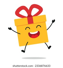 Cute happy gift box character. Funny celebration jump gift box cartoon emoticon in flat style. present emoji vector illustration