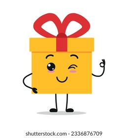 Hübscher Geschenkbox-Charakter. Lächeln und blinken Geschenkbox Cartoon Emoticon in flachem Stil. Bäckerei Emoji, Vektorgrafik
