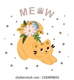 Cute happy ginger cat stretches in flowers. Children's illustrations. Flat cartoon style for baby shower, baby store, books