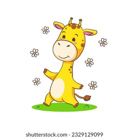 Cute happy giraffe cartoon character on white background vector illustration. Funny Adorable animal concept design.