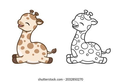 Cute happy giraffe cartoon clipart vector illustration colored and outline set. African woodland animal African woodland animal easy coloring book page for kids and children.