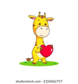 Cute happy giraffe holding big love heart cartoon character on white background vector illustration. Funny Adorable animal concept design.