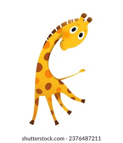 Cute happy giraffe illustration for kids. Dancing and jumping funny baby giraffe, animal cartoon for children birthday party. Isolated hand drawn vector animal character design clip art.