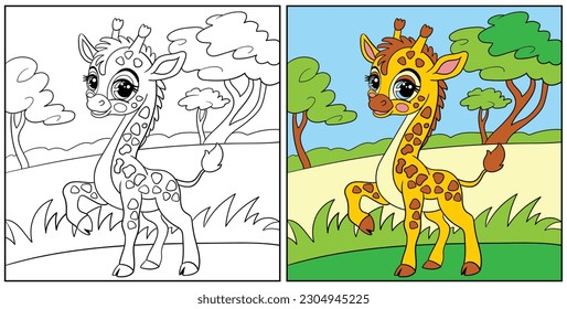 Cute happy giraffe in the savanna. Vector cartoon illustration. Kids coloring page with a color sample. For print, design, poster, sticker, card, decoration, t shirt design and coloring pages books