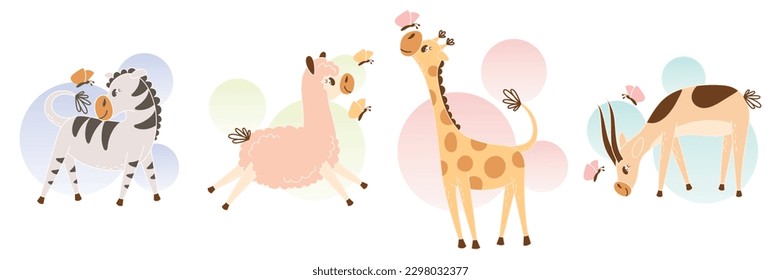 Cute happy giraffe, zebra, gazelle and llama. Cartoon animals playing with butterflies. Flat illustration with simple background for nursery poster design. Print for decorating a baby girl's room