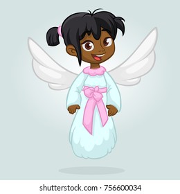 Cute happy girl afro-american girl angel character with white wings flying. Vector illustration isolated