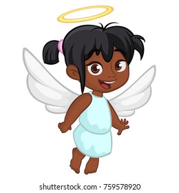 Cute happy girl afro-american girl angel character with white wings flying. Vector illustration isolated