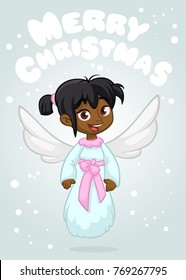 Cute happy girl afro-american girl angel character with white wings flying. Vector greeting card illustration isolated