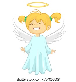 Cute happy girl angel character with white wings flying. Vector illustration isolated