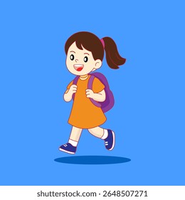 Cute Happy Girl with Backpack Going to School