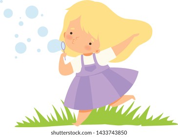 Cute Happy Girl Blowing Soap Bubbles on Green Meadow, Adorable Little Kid Cartoon Character Playing Outside Vector Illustration