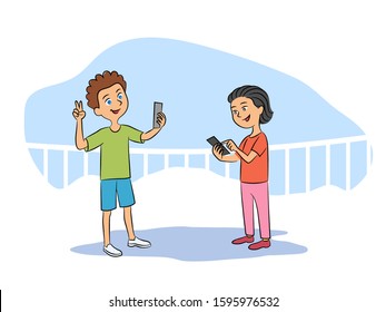 Cute happy girl and boy taking selfie via mobile phone share photos in social media network. Playground or park. Sportive children. Kids modern technology addiction. Vector cartoon flat illustration