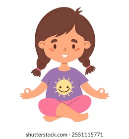 Cute happy girl with braids hairstyle meditating. Funny child female character sitting in asana. Vector illustration in flat style