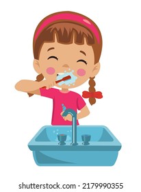 cute happy girl brushing his teeth