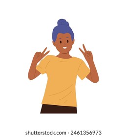 Cute happy girl child cartoon character showing v sign gesture feeling excited and positive