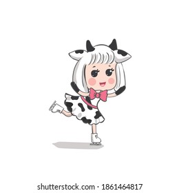 A cute happy girl in a cow costume is skating on the ice. Kawaii cartoon.