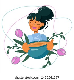 Cute happy girl with a cup of coffee and a bouquet of tulips, flat vector illustration. A woman enjoys. A spring postcard.