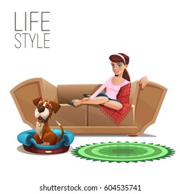 Cute happy girl and dog sitting on sofa isolated on white background. Vector illustration.