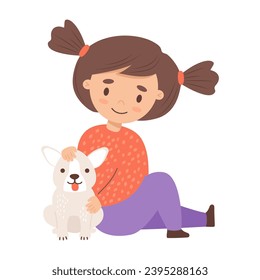 Cute happy girl with dog. Vector illustration. Child character and puppy in cartoon style with. Kids collection