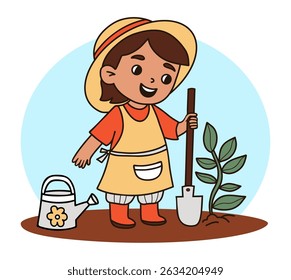 Cute happy girl farmer in hat. Kid character Gardener with garden tool shovel and watering can on bed with plant. Colored hand drawing. Vector illustration