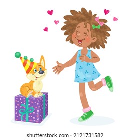 Cute happy girl with a funny puppy as a gift. In cartoon style. Isolated on white background. Vector flat illustration.