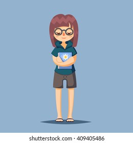 Cute happy girl with glasses loves book Vector cartoon illustration esp10