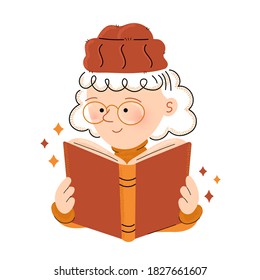 Cute happy girl in glasses read book. Isolated on white background. Vector cartoon character hand drawn style illustration. Book reading concept