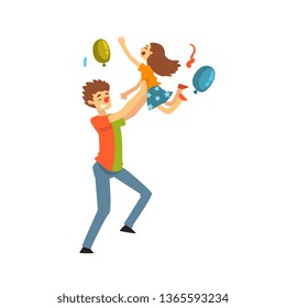 Cute Happy Girl Having Fun with Clown at Birthday, Carnival Party or Circus Performance Vector Illustration